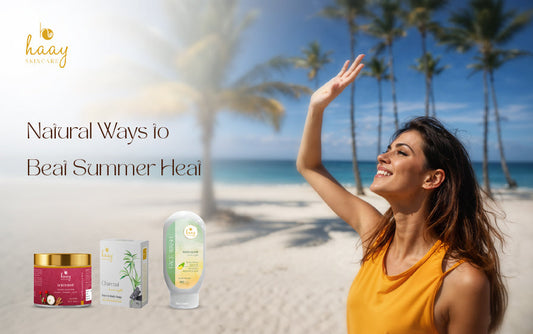 Summer skin care essentials banner with natural skincare products by Haay Skincare to beat summer heat.
