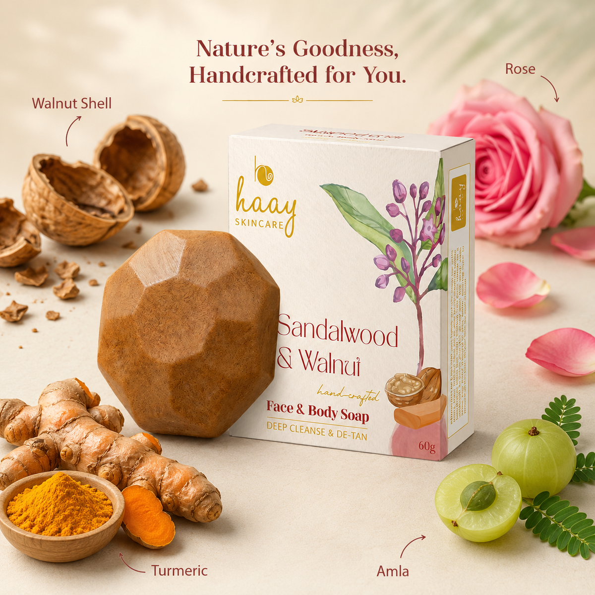 Natural De-Tan Soap Bar | Sandalwood & Walnut Face & Body Cleanser
