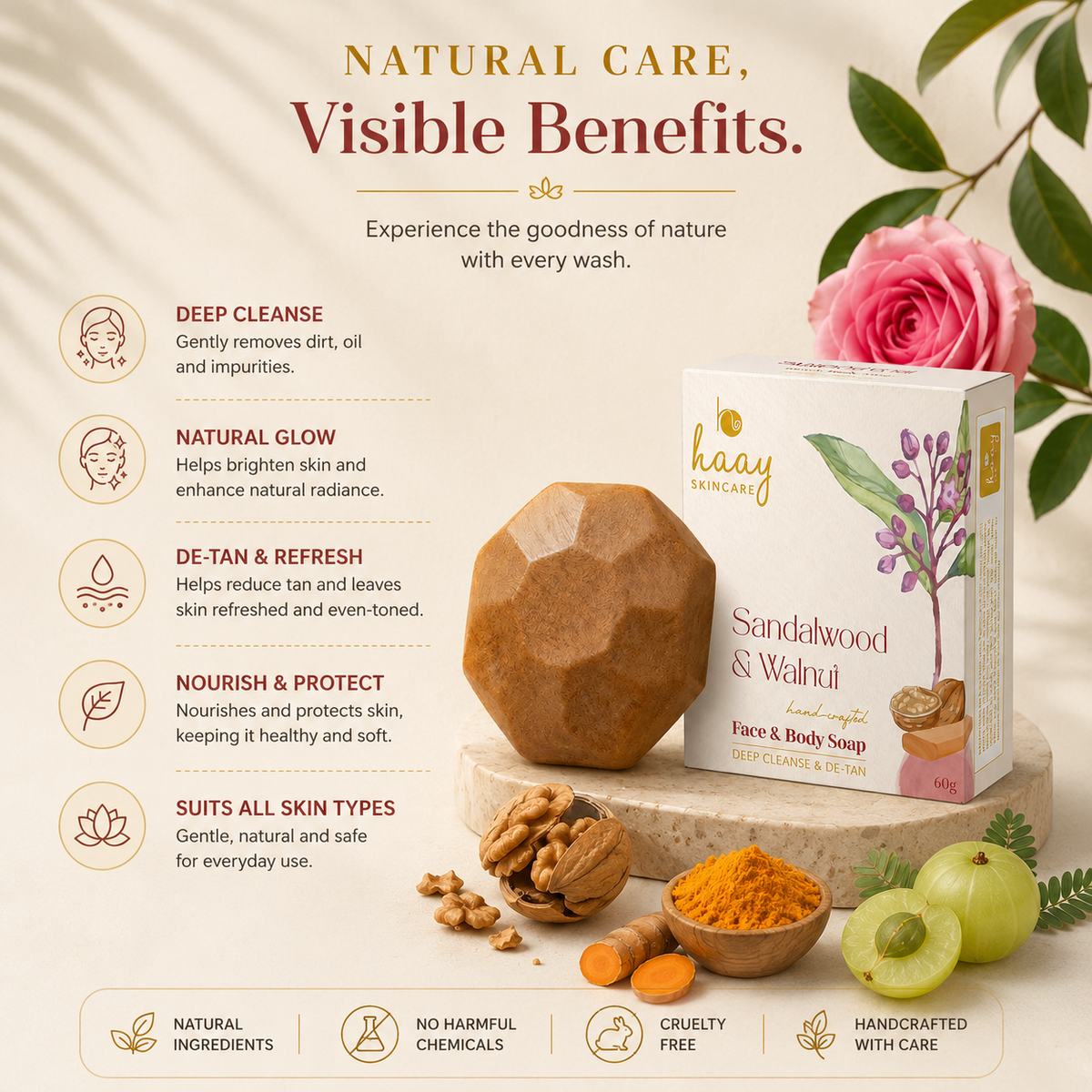 Natural De-Tan Soap Bar | Sandalwood & Walnut Face & Body Cleanser